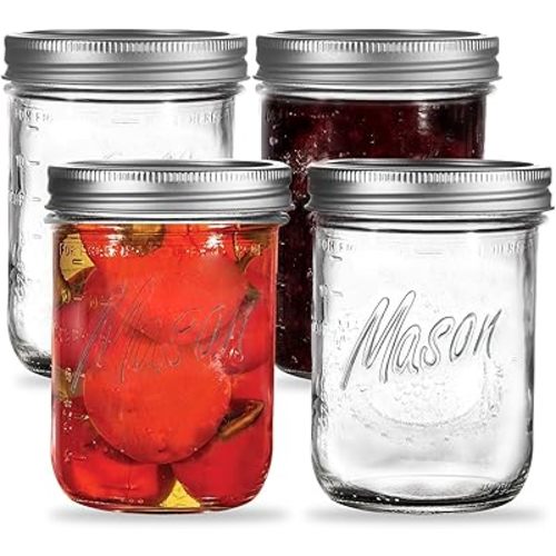Regular Mouth Mason Jars 8 oz. (12 Pack) - Half Pint Size Jars with Airtight Lids and Bands - Made in USA - for Canning, Fermenting, Pickling, or DIY Decors and Projects Bundled with Jar Opener