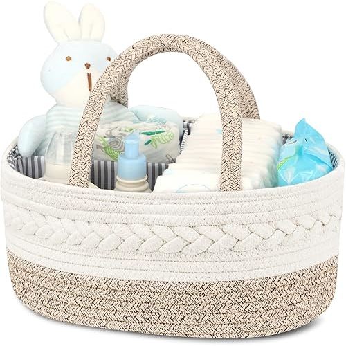 Diaper Caddy Organizer for Baby, Cotton Rope Baby Gift Basket, Portable Diaper Organizer for changing table, Diaper Nursery Storage Organizer for Baby Stuff, Baby Shower Gifts for Newborn