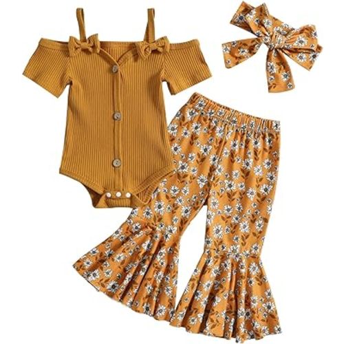 Kaipiclos Infant Baby Girl Summer Clothes Newborn Daisy Outfits Knit Romper Flared Pants Headband 0 3 6 9 12 18 24 Month