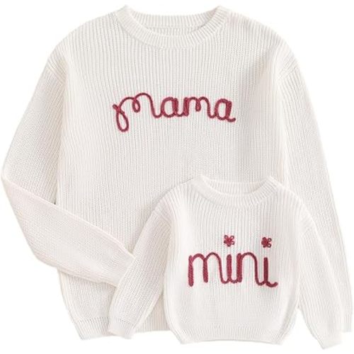 Mommy and Me Sweater Matching Family Outfit Long Sleeve Knit Sweater Pullover Mom and Baby Clothes