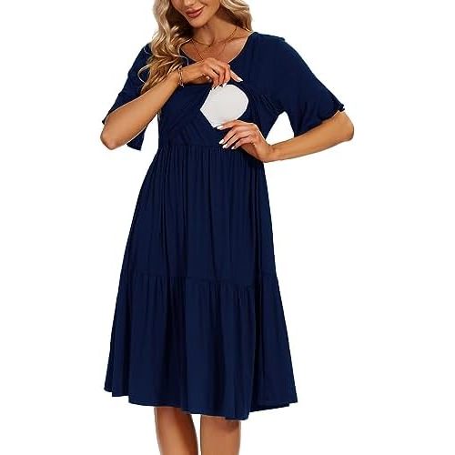 Smallshow Women's Maternity Nursing Dress Ruffle Short Sleeve Breastfeeding Clothes
