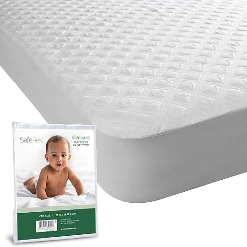 SafeRest Waterproof Crib Size Mattress Protector - Fitted with Stretchable Pockets - Machine Washable Cotton Blend Mattress Cover for Bed