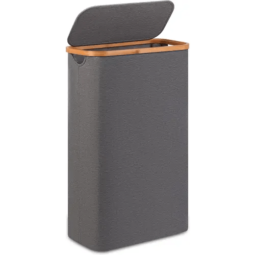 Slim Laundry Basket,60L Laundry Hamper with Lid, Tall Hamper for Laundry,Dirty Cloth Hamper with Bamboo Handle for Toys,Towels, Clothes Organizing,Grey
