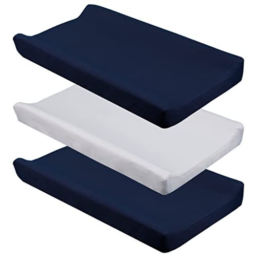 CaSaJa Diaper Changing Pad Cover for Baby Boys Set of 3, Snug Fit 4-Sided Contoured Changing Table Pad 16x31 16x32, Fitted Change Pad Sheet Navy Gray, 100% Silky Soft Breathable Microfiber