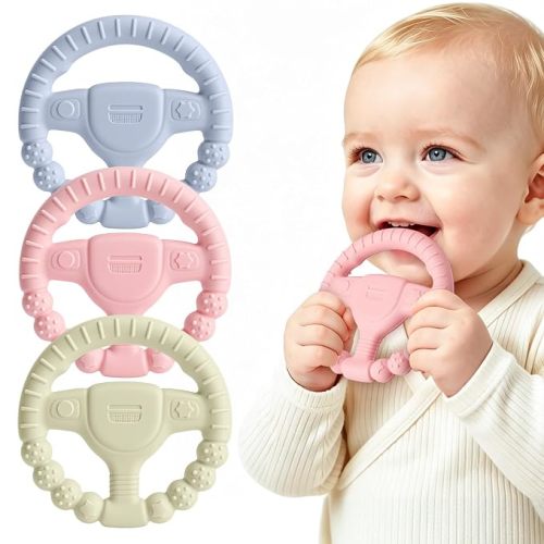 3 Pack Baby Teething Ring Toys for 0-6 6-12 Months, BPA-Free Silicone | Steering Wheel Baby Teether, Multi-Texture for Teething Relief, Easy to Grip, Baby Chew Toys, Gift for Newborns Infants