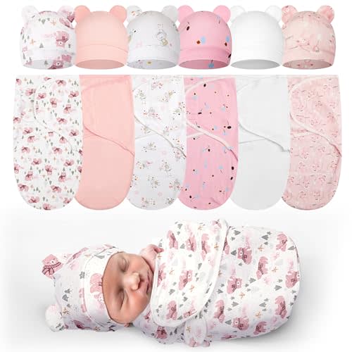 Ramede 6 Pack Preemie Swaddle Blanket with Hats Sleep Swaddle for Baby Boy Girl Preemie Newborn Sacks Soft Cotton Wearable(Bear,Pink)