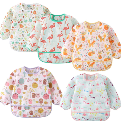 5 Pack Long Sleeve Bib,Baby Toddler Waterproof Sleeved Bib for 6-30 Months Reusable with Catch-all Pocket