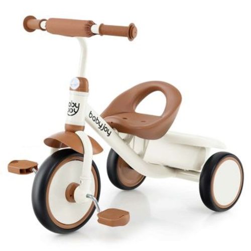 Babyjoy Kids Tricycle Toddler Trike with Adjustable Seat & Storage Basket 3 Wheel Bike Beige/Green