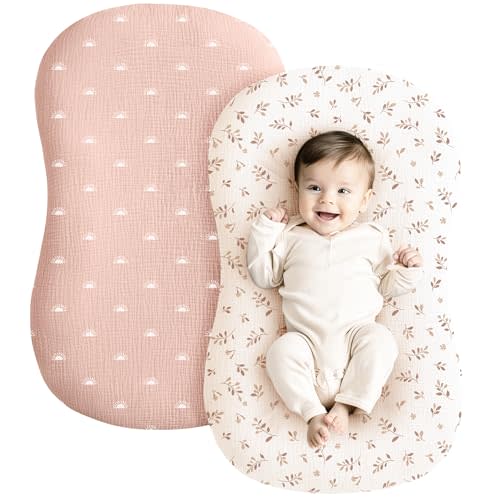 Konssy Muslin Baby Lounger Cover 2 Pack, 100% Cotton Newborn Lounger Cover, Soft and Breathable Baby Nest Slipcover for Boys Girls (Pink Sun,Khaki Leaf)