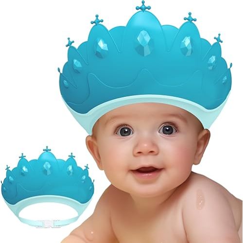 Baby Shower Cap Shield, Baby bath set shower cap, Visor Hat for Eye and Ear Protection for 0-9 Years Old Children,Cute Crown Shape Makes the Baby Bath More Fun (Blue)
