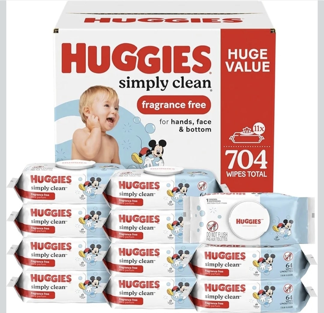 Huggies Simply Clean Unscented Baby Diaper Wipes, 11 Flip-Top Packs (704 Wipes Total), Packaging May Vary