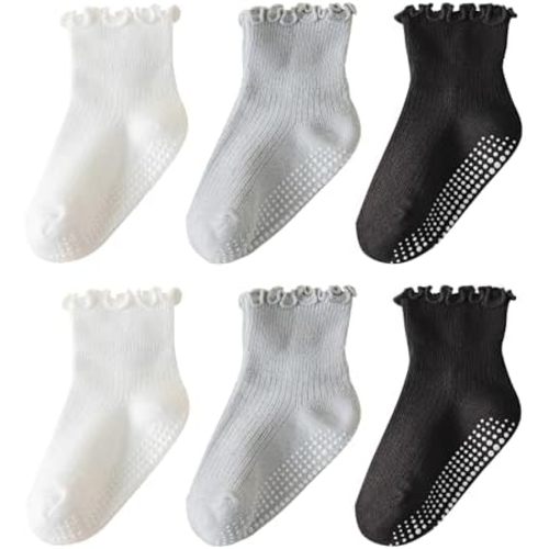 6 Pairs Toddler Ruffle Socks for Girls - Baby Grip Socks with Non-Slip, Cute Grippy Frilly Design