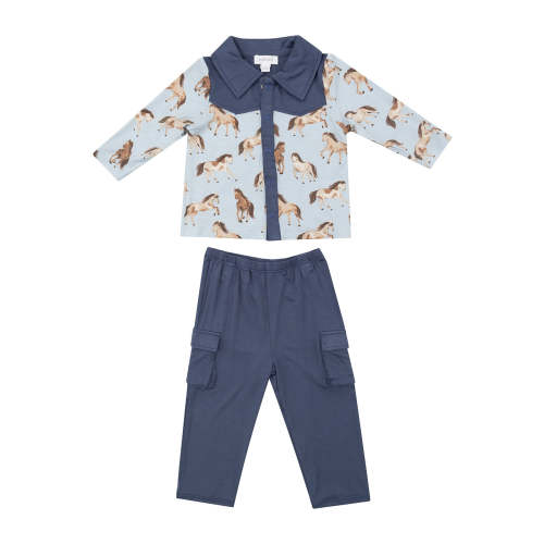 Cowboy Button Down Shirt & Pant Set, Horses