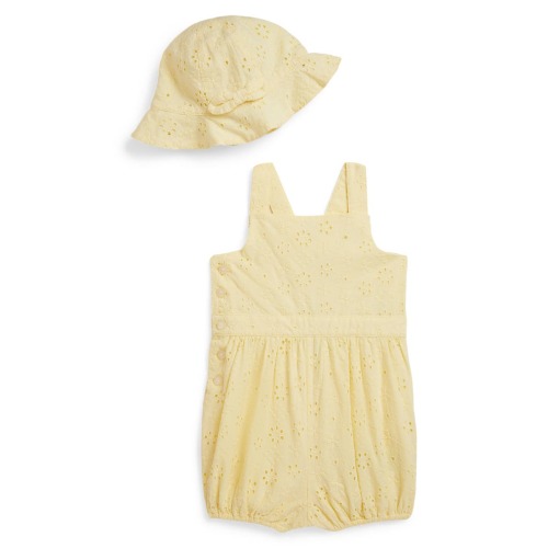 Bow Back Cotton Broderie Anglaise Bubble Romper & Sun Hat Set, 3M- Only a few left