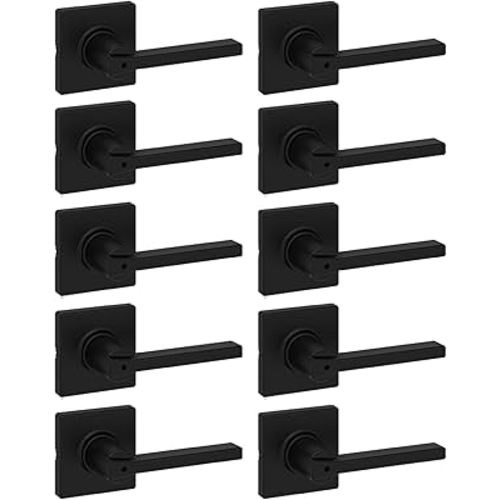 Kwikset Casey Interior Privacy Door Handle with Lock 10 Pack, Door Lever for Bathroom and Bedroom, Matte Black Reversible Keyless Turn Lock, with Microban Protection