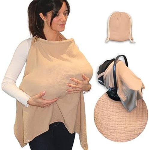 Cotton Muslin Nursing Cover – Breathable & Soft with Removable Hoop, Arch Neckline for Easy Breastfeeding, Versatile Cover for Nursing, Stroller & Car Seat (Biscuit)
