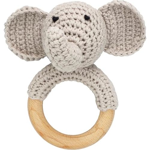 Woodland Friends Baby Rattle Shaker Toy with Wooden Teething Ring Gray Elephant