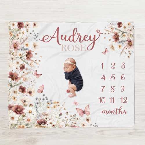 Wildflower Milestone Blanket -Baby Girl Month Blanket-Personalized Baby Girl  Shower Gift -Neutral tones -ButterflyNursery Newborn Gift M363