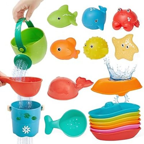 Baby Bath Toys for Kids, 16PCS Mold Free Bathtub Water Play Toys with Floating Boats Bucket Watering Can Spoons and Storage Bag, No Holes Animal Floating Pool Toys for Babies and Toddlers