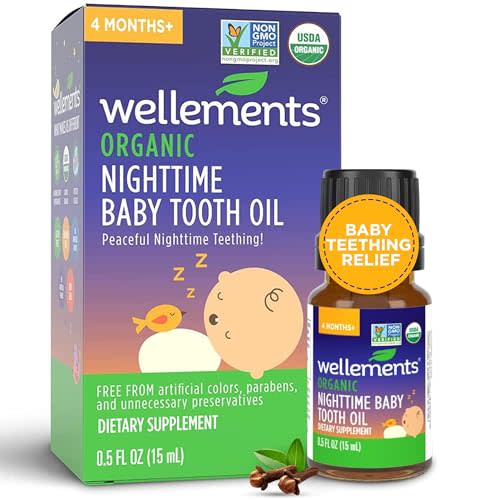 Wellements Organic Nighttime Baby Tooth Oil for 4 Months+ (0.5 Fl Oz) - Baby Teething Relief Oil* for Soothing & Massage for Tiny Gums* - Organic Blend of Essential Oils & Sleepy Time Herbs*