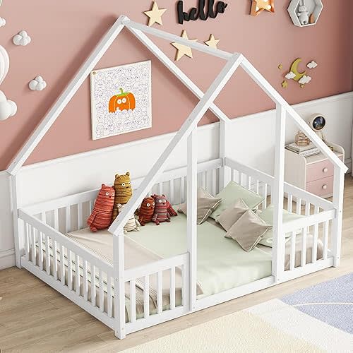 KEIKI Full Wood House-Shaped Floor Bed with Fence, Guardrails,White