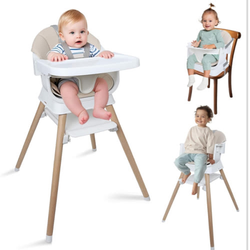 9 in 1 Convertible Baby High Chair with Booster, Wooden Highchair for Babies and Toddlers with Adjustable Tray & 5-Point Harness, Multi-Functional Growing Seat for Feeding, Learning & Play, Beige