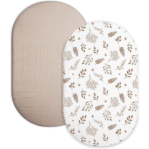 Bassinet Sheet for Baby Boy and Girl 2 Pack, Fitted Sheets for Rectangle, Oval, Hourglass Bassinet Mattress, Muslin Moses Basket Sheets with Neutral Style(Autumn Leaves & Beige)