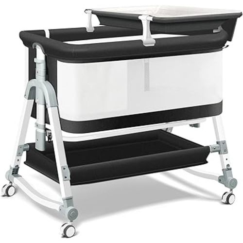 4 in 1 Bedside Bassinet for Baby, Portable Baby Bassinet with Wheels, Baby Crib with Changing Station, Mattress Included and Storage, Foldable Travel Bassinet for Baby/Infant/Newborn - Mesh
