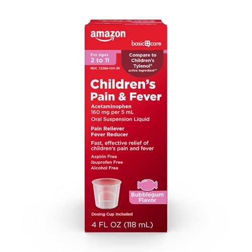 Amazon Basic Care Children's Pain Reliever Oral Suspension Liquid, Bubblegum Flavor, Acetaminophen 160 mg per 5 ml, Effective, Fever Reducer for Age 2-11 Years, Red, 4 fl oz (Pack of 1)