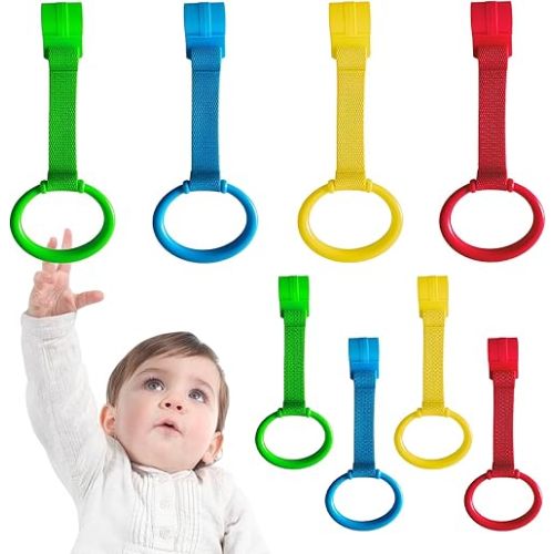 8Pcs Baby Playpen Pull up Rings, Premium Baby Pull up Rings for Play Pen Standing up, Plastic Safety Walking Exercises Assistant Rings for Infants Babies Toddler, 4 Colors.
