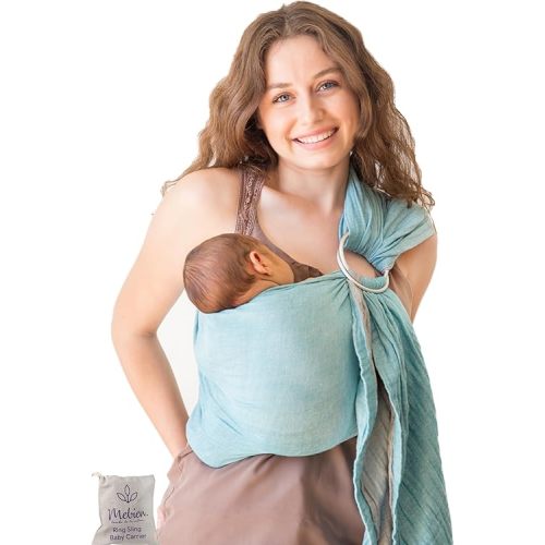 Ring Sling Baby Carrier 100% Cotton Muslin Front and Chest Newborn to Toddler Carrier and Baby Sling (Grey Turquoise)