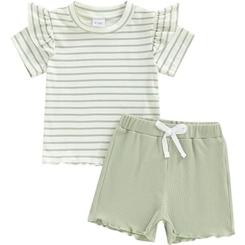 Toddler Baby Girl Summer Outfits Ribbed Knit Crewneck Short Sleeve Tops Elastic Waist Shorts Infant 2Pcs Clothes Set
