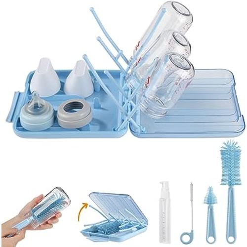 Bottle Brush Set -Baby Travel Essential-6 in 1 Bottle Cleaner Kit with Silicone Bottle Brush,Nipple Cleaner Brush,Straw Brush,Soap Dispenser,Storage Box,Bottle Drying Rack for Home and Travel(Blue)