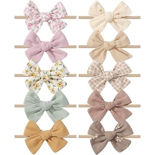doboi 10PCS Baby Girls Headbands Hair Bows Nylon Cotton Linen Hairbands Fine Handmade Hair Accessories for Newborn Infant Toddlers Little Girls-Embroidered Flower