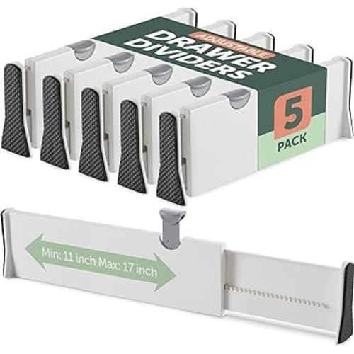 Drawer Divider Set of 5, Adjustable Length 11" - 17" Drawer Organizers, Locks in Place, Easy-Assemble, Secured, Foam Ends, for Bedroom, Bathroom, Kitchen & Office Organization and Storage