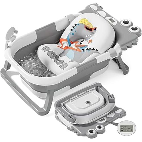 TPN Collapsible Baby Bathtub, Baby Bath Tub with Soft Cushion & Real-Time Thermometer, Baby Bathtub Infant to Toddler Tub (0-36 Months), Portable Travel Baby Tubs for Newborns (Grey)