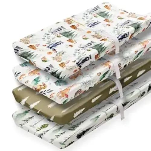 4 Pack Changing Pad Covers Woodland Forest Animals Wood Neutral Unisex Fitted Baby Changing Pad Cover Set for Baby Boys or Girls (Raccoon)