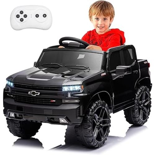 Licensed Chevrolet Silverado Ride on Truck,Kids Electric Vehicles w/Parent Remote Control, 12V Ride on Toy Car for Boys Girls, LED Lights, Truck Bed Storage, Horn, USB, Soft Start (Black)
