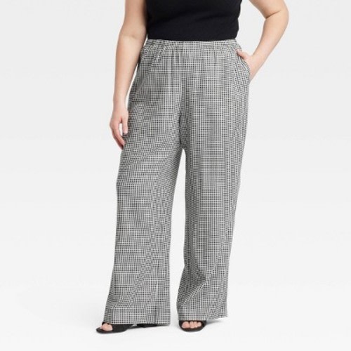 Women's Mid-Rise Wide Leg Linen Pull-On Pants - A New Day™ Black Gingham Check L: Seam Pocket, Adjustable Waistband