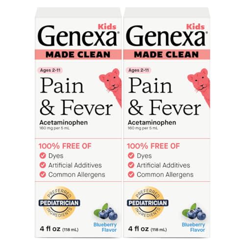Genexa Children's Clean Acetaminophen | Pain & Fever Reducer for Kids | Kids Medicine, Dye Free Acetaminophen, 0% Artificial Additives | Ages 2-11, Delicious Organic Blueberry Liquid, 8 fl oz (2 Pack)