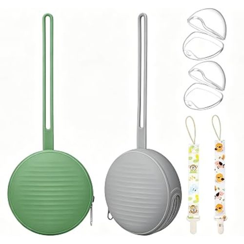Silicone Pacifier Holder Case Set - 2 Portable Binky Pouches with 2 Transparent Storage Boxes & 2 Pacifier Clips, BPA Free