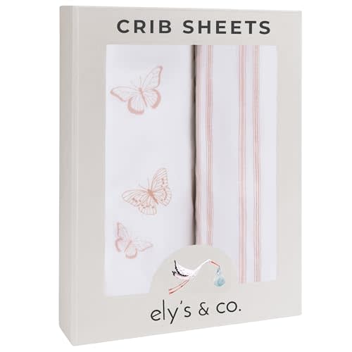 Ely’s & Co. Crib Sheets, Baby Girl Fitted Crib Mattress Sheet Set, 2 Pack, 100% Jersey Knit Cotton, Infant and Toddler Nursery Bedding, Pink Butterfly + Stripes Print, 28” x 52”