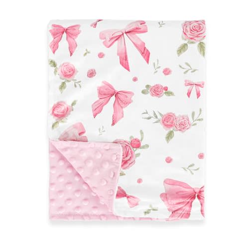 Jundetye Baby Blanket for Girls, Soft Plush Floral Newborn Blankets with Pink Dotted Backing, Toddler Nursery Stroller Crib Receiving Blankets Infant, Pink Rose, 30"x40"