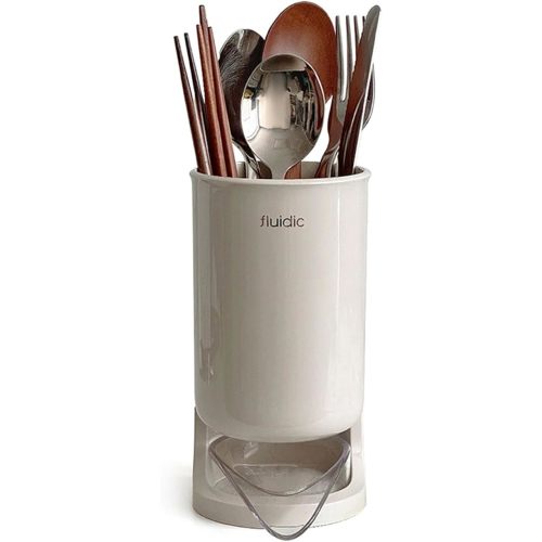 Self Draining Utensil Holder for Kitchen Counter, Cutlery Flatware Silverware Drainer Cup, Small Size, Beige, 1 ea