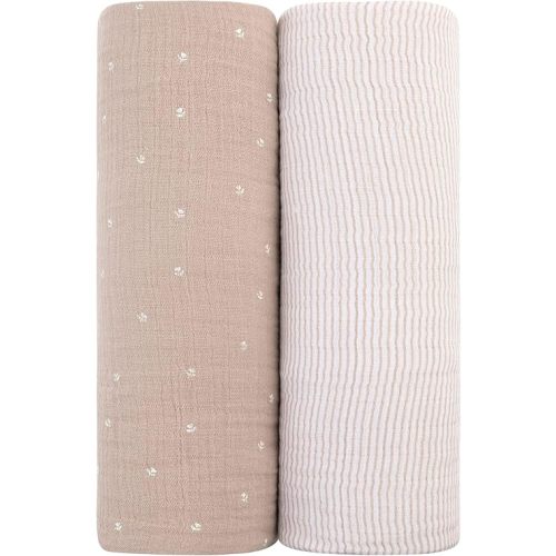 Ely's & Co. Muslin Swaddle Blanket 2-Pack — 100% Cotton Muslin Extra-Large Swaddle Blankets (47” x 47”) White Tulip on Pink + Stripes