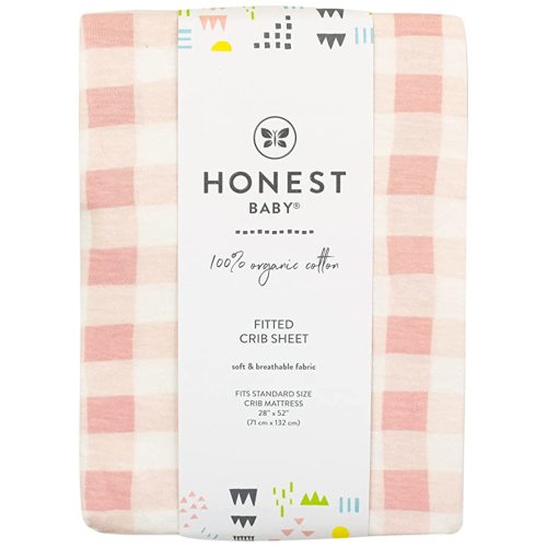 HonestBaby Fitted Crib Sheets Fits Standard Mattress Bassinet, Mini Prints 100% Organic Cotton Baby Boys, Girls, Unisex, Peach Skin Painted Buffalo Check, One Size