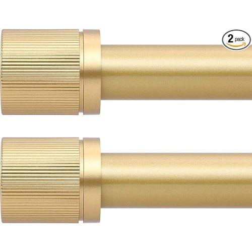 2 Pack Gold Curtain Rods for Windows 28 to 48 Inch(2.3-4Ft), 1 Inch Adjustable Modern Heavy Duty Window Drapery Rods End Cap Finial Curtain Rod,Brass Gold window single rods set,Size:18-45 Inch
