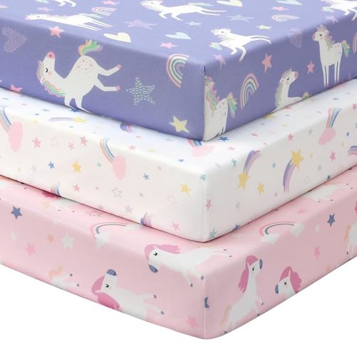 Baby Crib Sheets Girl, 3 Pack Toddler Bed Sheets Fitted for 52”x28” Standard Crib and Toddler Mattresses, Super Soft Microfiber Pink Rainbow