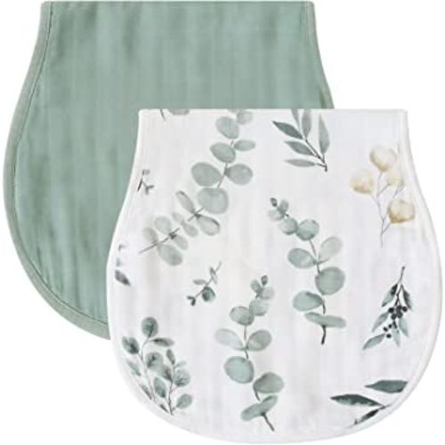 LifeTree Muslin Baby Burp Cloths, Soft Bamboo Cotton, Large Baby Washcloths, Face Towel, Burping Rags, Bibs for Newborn Boys Girls, Set of 2 (Eucalyptus/Roman Green)