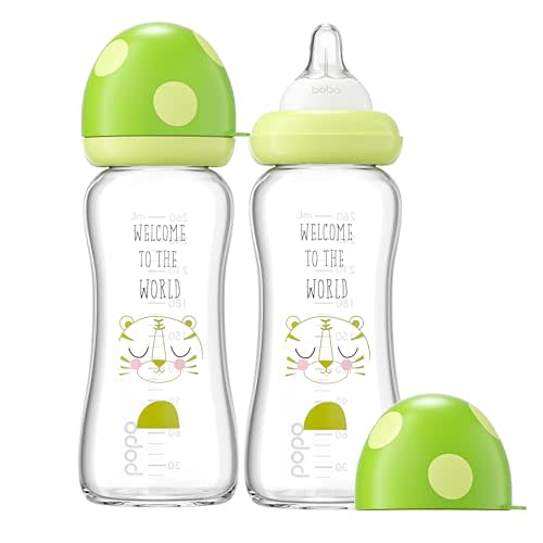 YOHKOH Natural Glass Baby Bottle with Natural Response Nipple, Newborn Anti-Colic Baby Bottles, Wide Neck Mushroom Cap Baby Bottle, Clear (8.8ounce (Pack of 2), Green1)